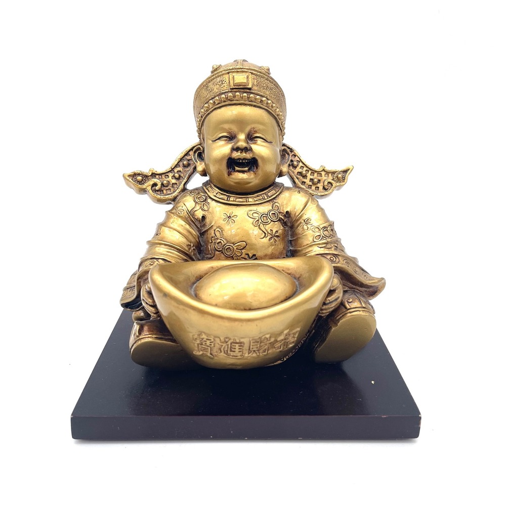 Vintage Laughing Boy Figurine Gold Ingot Prosperity Statue OS Gold Good Asian